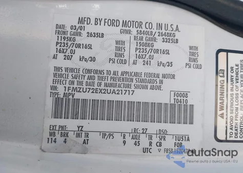 2002 Ford Explorer Xls from USA, damaged, VIN 1FMZU72EX2UA21717